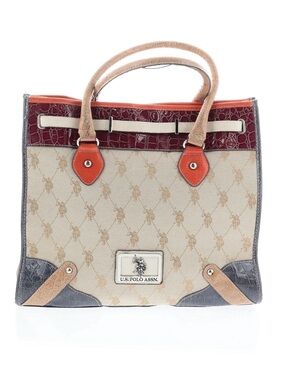 U.S. Polo Assn. Beige Canvas Tote with Burgundy, Orange and Gray Accents